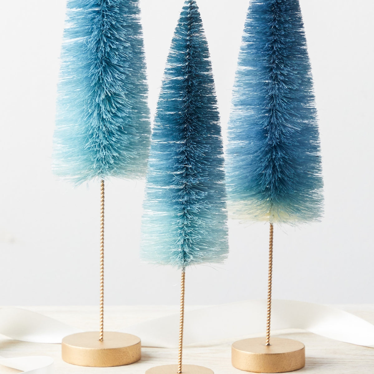 Set of 3 Bottle Brush Holiday Decor Trees in Blue Ombre with a Gold Base