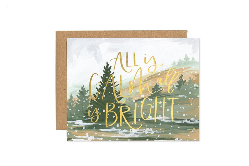 Handpainted tree scene with gold foil "all is calm and bright' christmas card