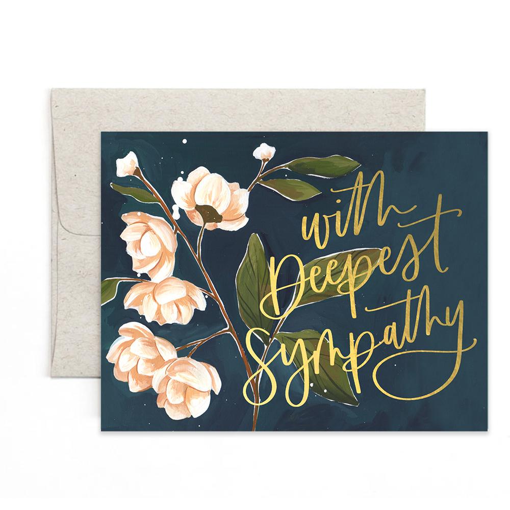 Floral Card With Deepest Sympathy written in gold foil