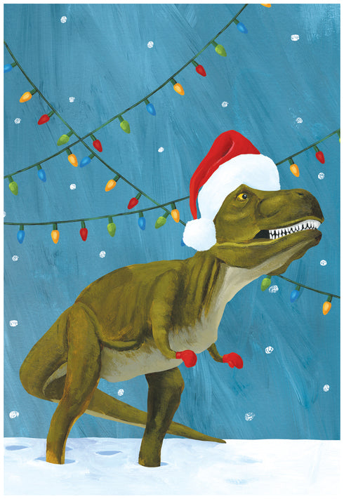 Dinosaur in a santa hat boxed christmas cards