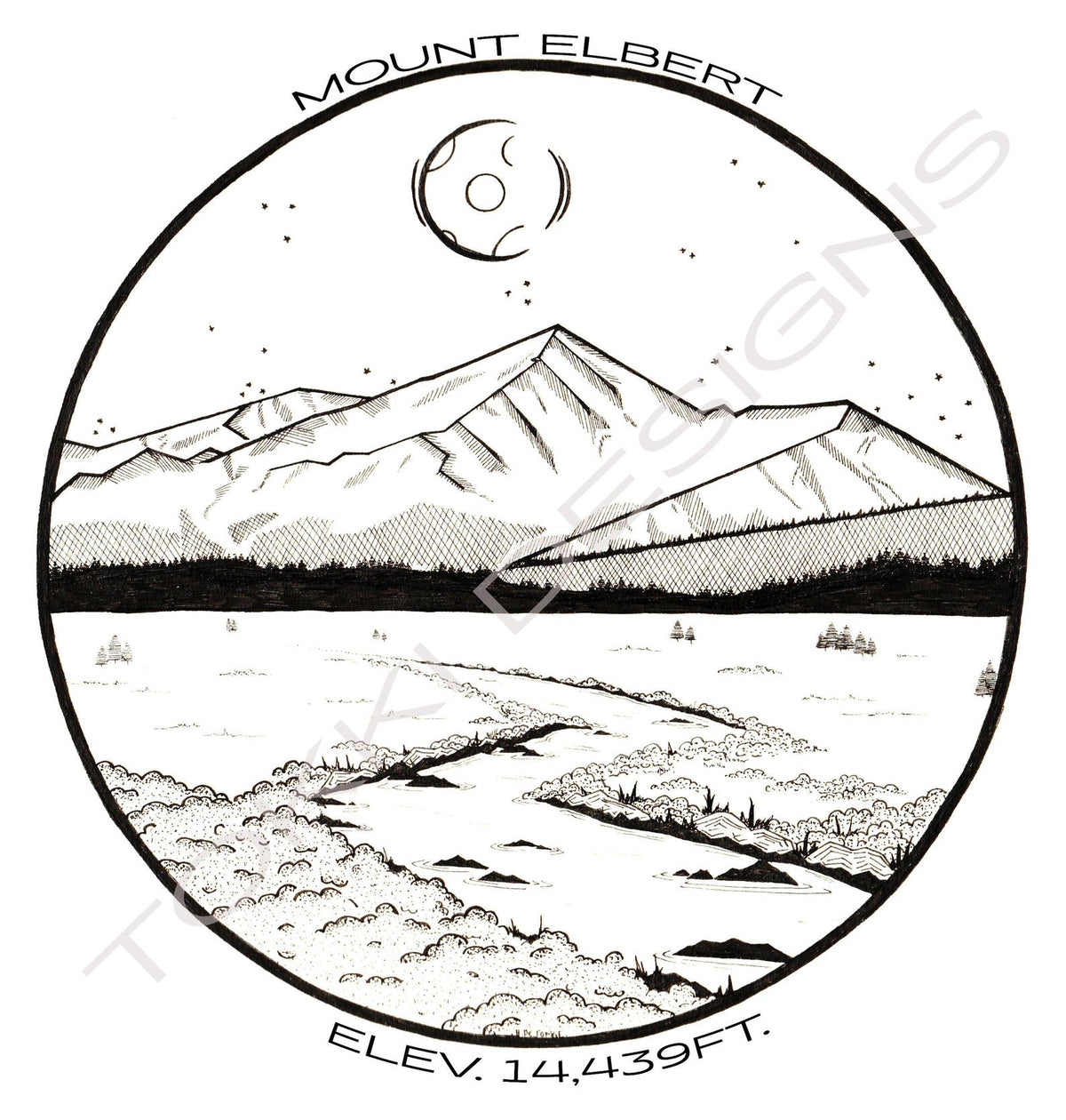 Black and White Line Drawing print of Mount Elbert