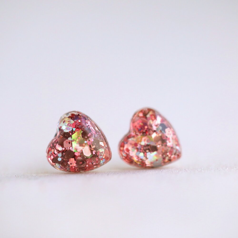 Fairy Godmother Pink glitter Heart Earrings