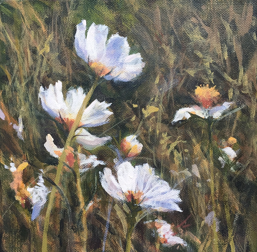 Detailed 8x8 Acrylic  of white daisies on greenery