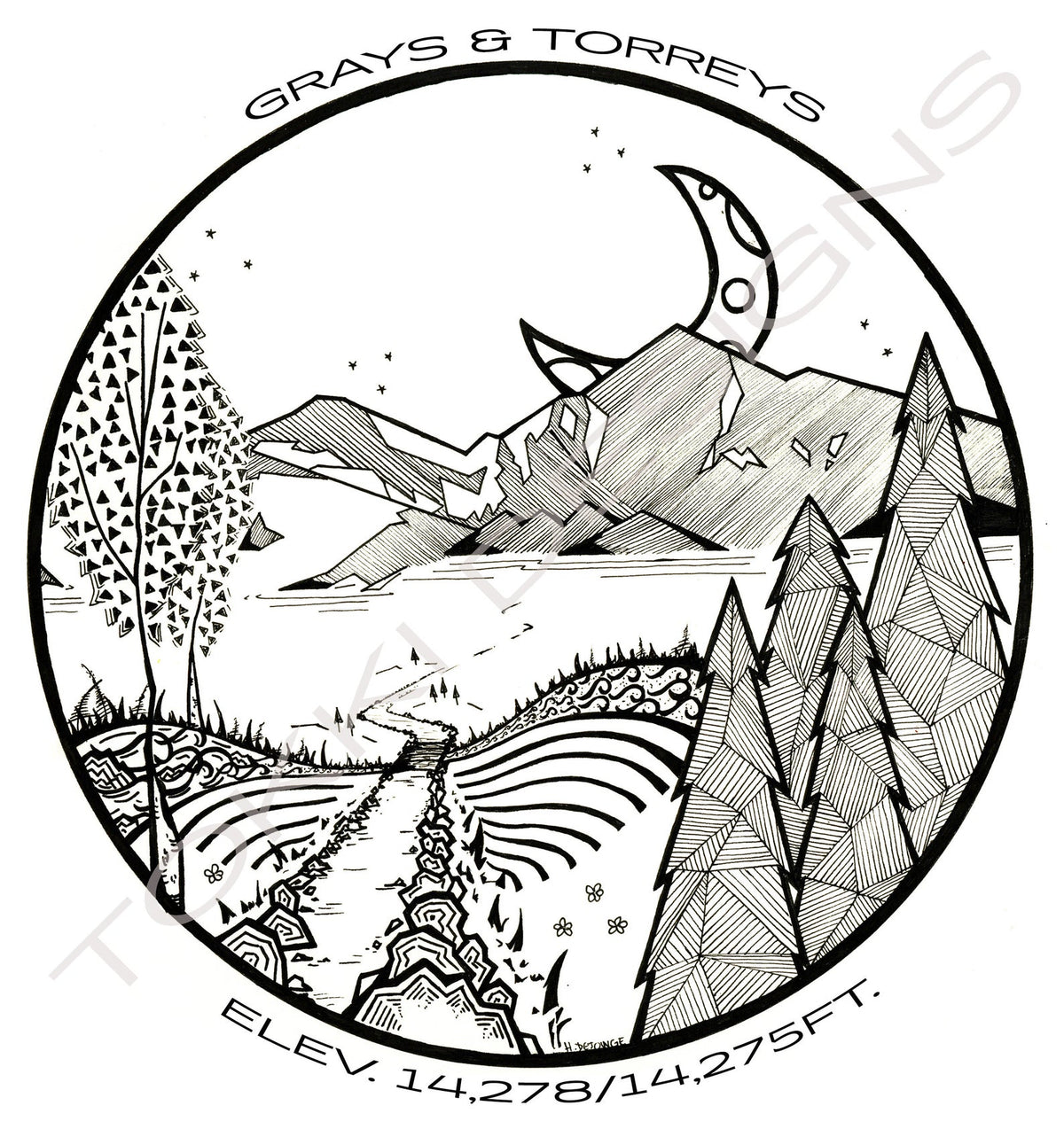 Black and White Line Drawing Print of Grays & Torreys Peaks