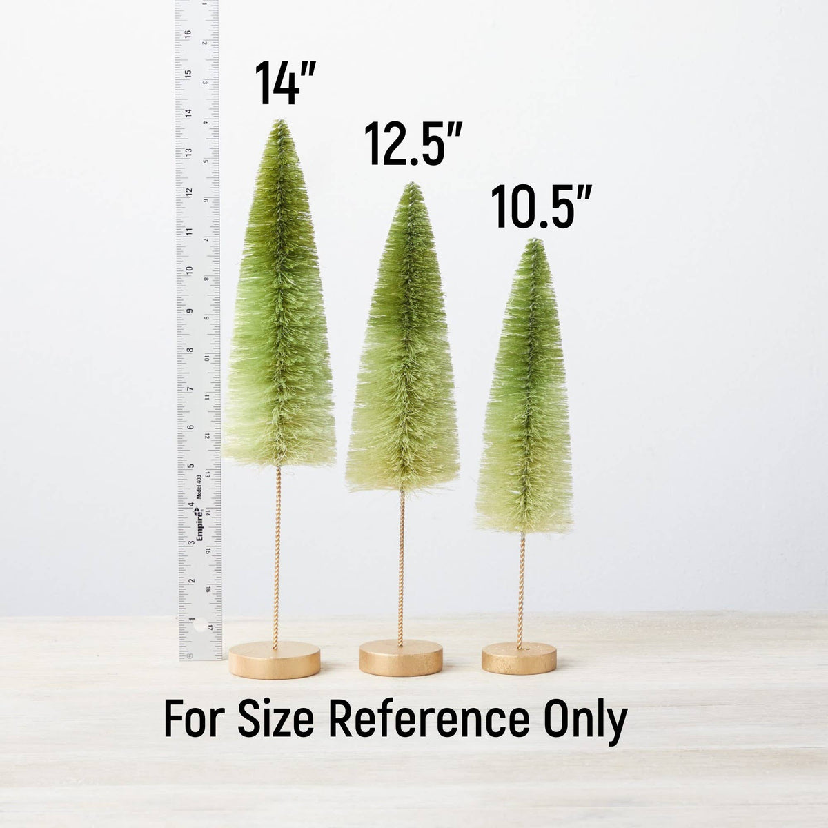 Set of 3 Green Ombre Bottle Brush Trees with Ruler for Scale