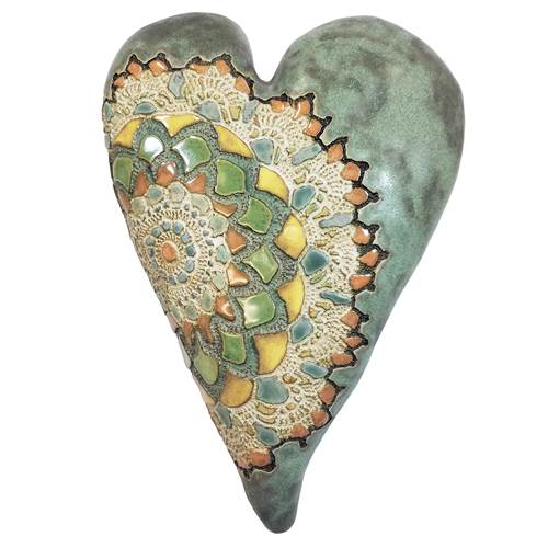 13x9 Stoneware heart in earthy blues, greens, yellow and terra cotta Pattern forms with lace impression