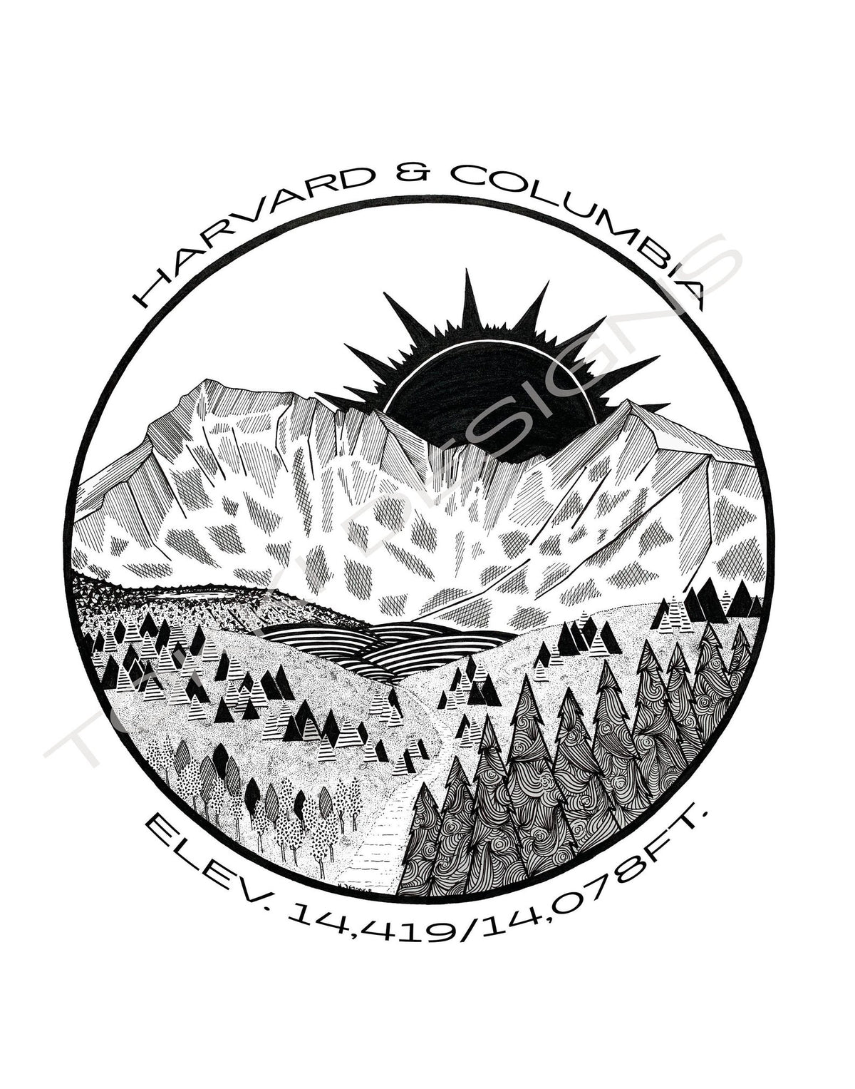 Black and White Print of Harvard and Columbia Peaks