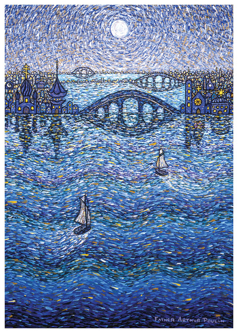 Box of 12 Cards with a serene pointillism image of sailboats and a bridge that reads "peace, joy, love and harmony" inside