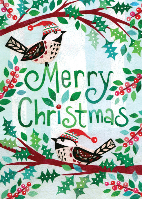 Collage Style Illustration of Holly Branches and Two Chickadess with winter hats reads Merry Christmas in handlettering
