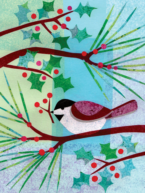 Illustrated Chickadee on pine branch holiday card