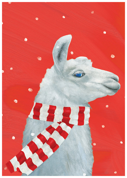 Illustrated Llama with scarf and red/ white polka dot background