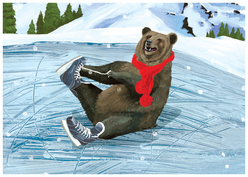 Illustrated Girzzly Bear pulling on ice skates