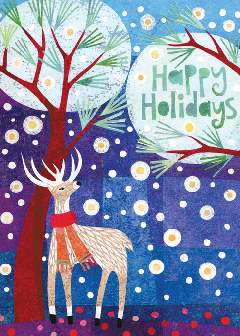 Bright Collage Style illustration of a buck under and tree that reads happy holidays