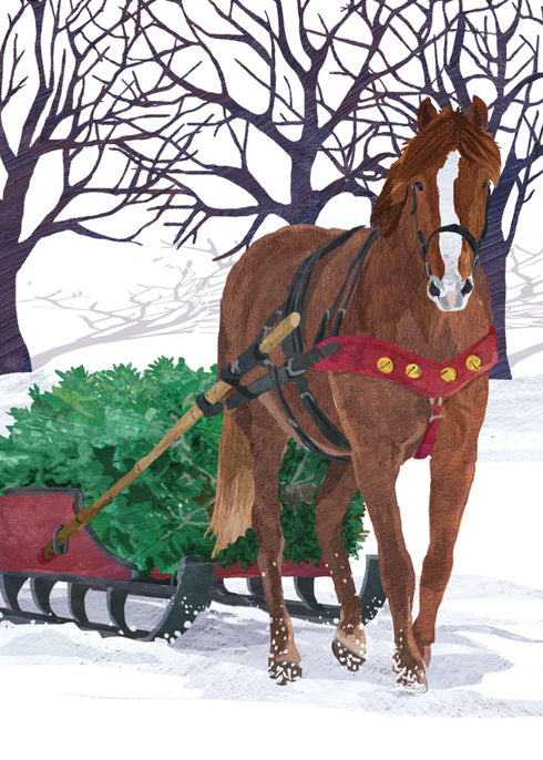 Greeting Card with artwork of a brown horse pulling a sled with a christmas tree through the snow