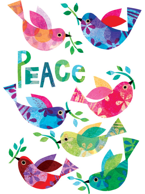 Collage Style Illustrated Holiday Cards that Read Peace on the front with 7 colorful birdies
