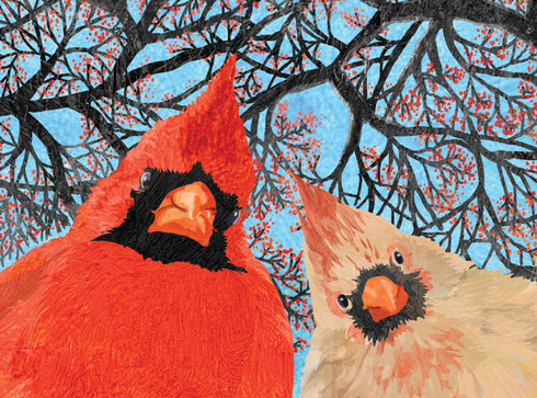 Greeting Card print of a painting of two cardinals awkwardly staring directly at the viewer