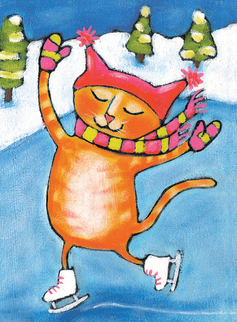 Illustration of Kitty Iceskating in bright poppy colors