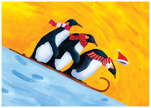 3 Illustrated Penguins on a sled going downhill