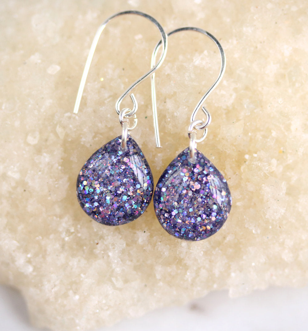 Purple Resin Glitter Teardrop Earrings