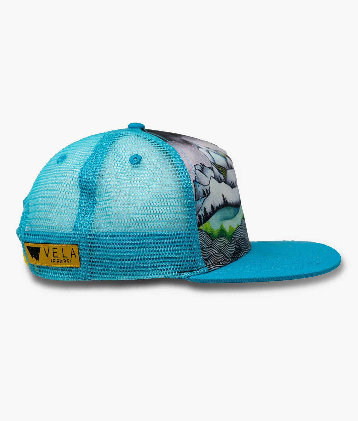 Flat Bill Trucker Snap Back Hat with Bright Blue Mesh and Bill featuring Elise Holme's Watercolor Painting of the Minaret Mountain Range