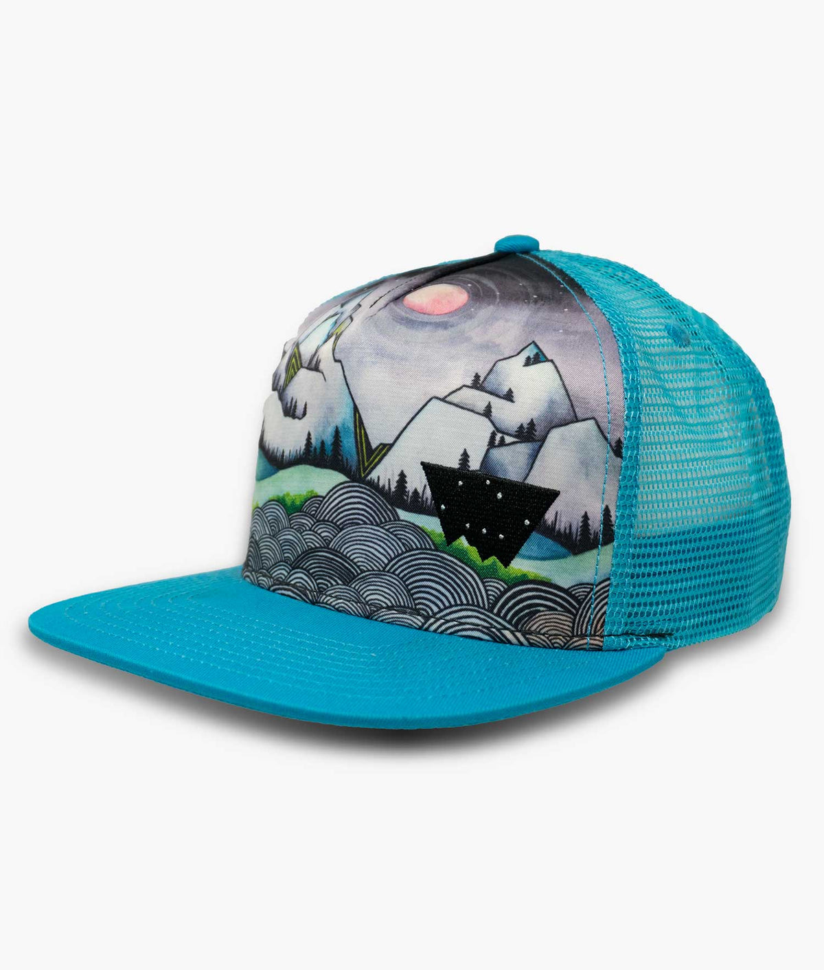 Kids Flat Bill Trucker Snap Back Hat with Bright Blue Mesh and Bill featuring Elise Holme's Watercolor Painting of the Minaret Mountain Range