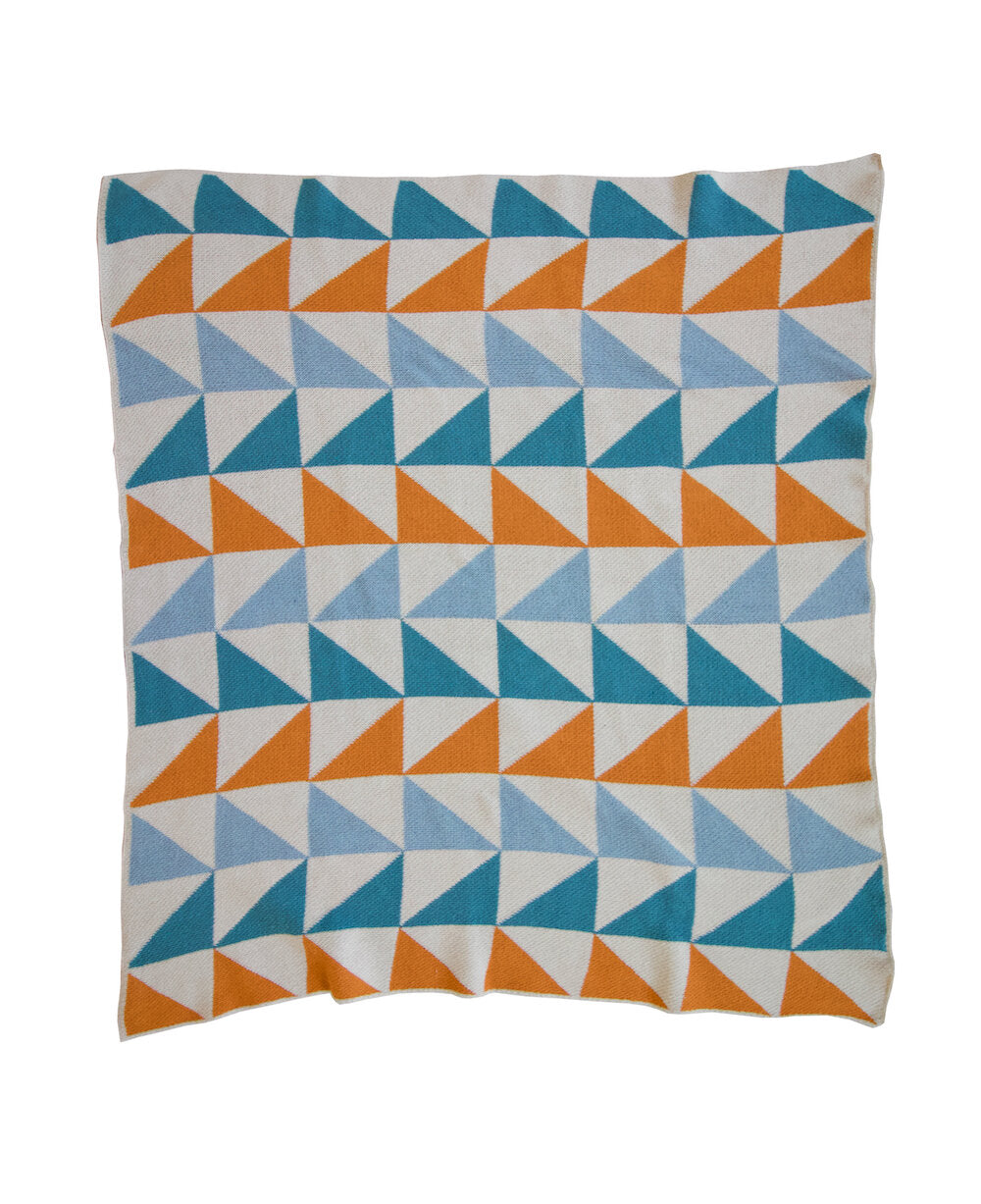 Mini Cotton Throw with Triangle pattern in alternating teal, light blue and terracotta