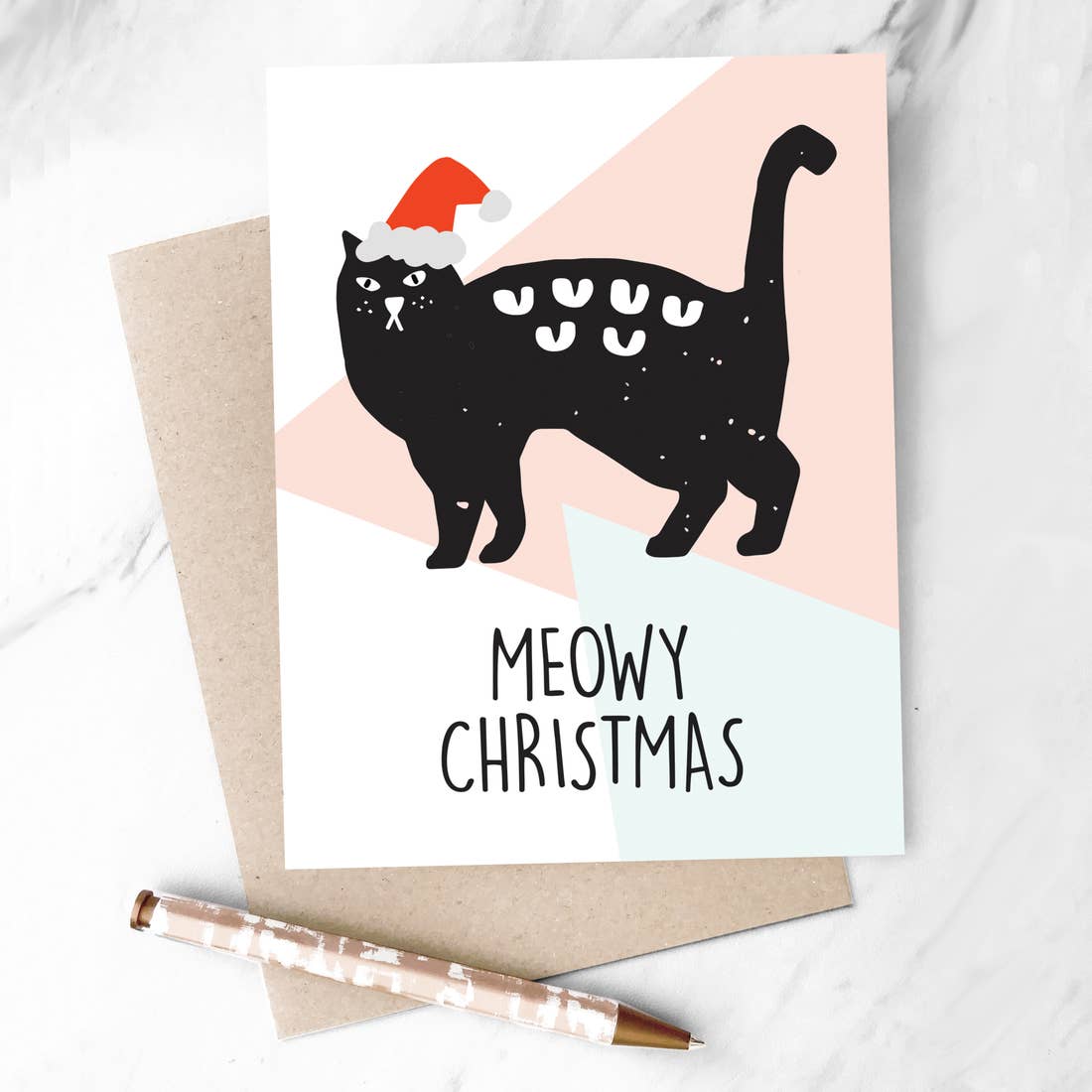 Meowy Christmas Card with a Cat in a Santa hat 