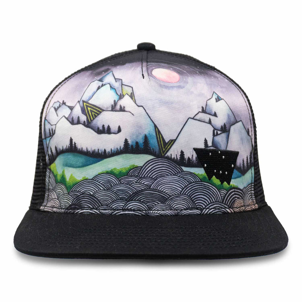 Flat Bill Trucker Snap Back Hat with Black Mesh and Bill featuring Elise Holme's Watercolor Painting of the Minaret Mountain Range