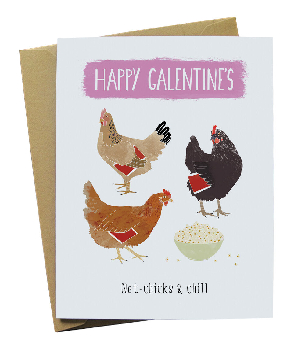 Happy Galentine's Card with Chickens and  Popcorn Artwork