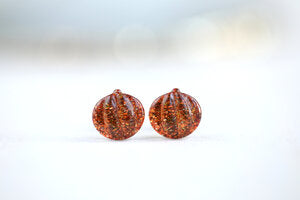 Orange Glitter and Resin Pumpkin Stud Earrings with White Background