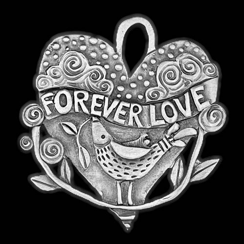 Whimsical Pewter Ornament Heart with Bird and banner that reads forever love
