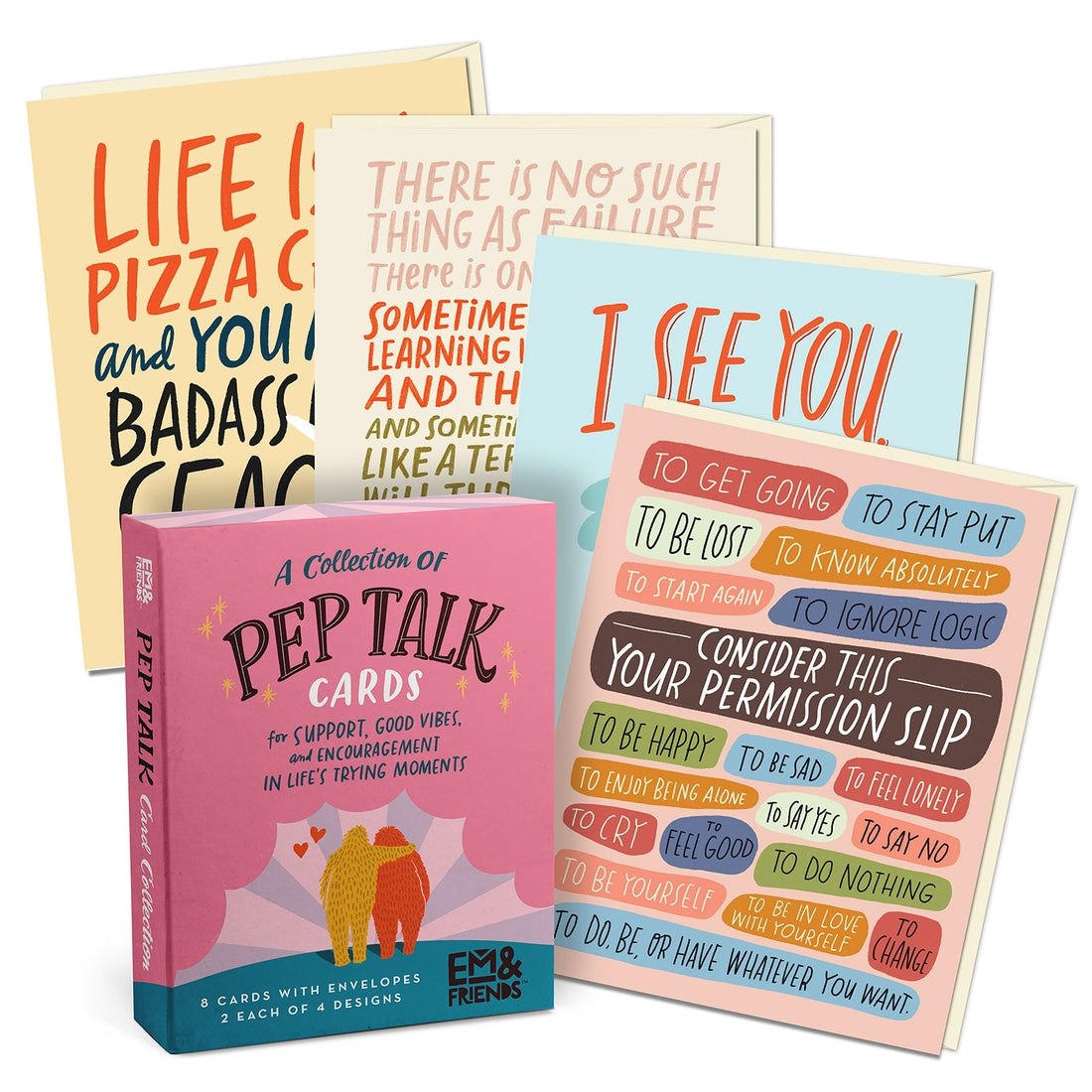 Snapshot of the cards (overlapping each other) included in the pep talk greeting card collection