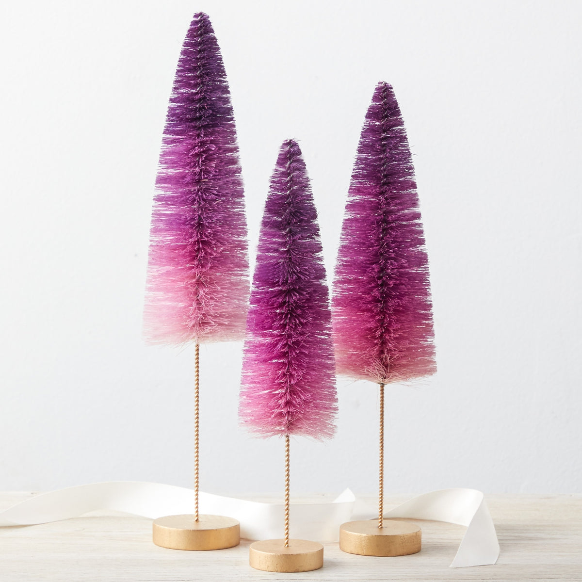 Purple Ombre Bottle Brush Trees in set of 3 with gold bases