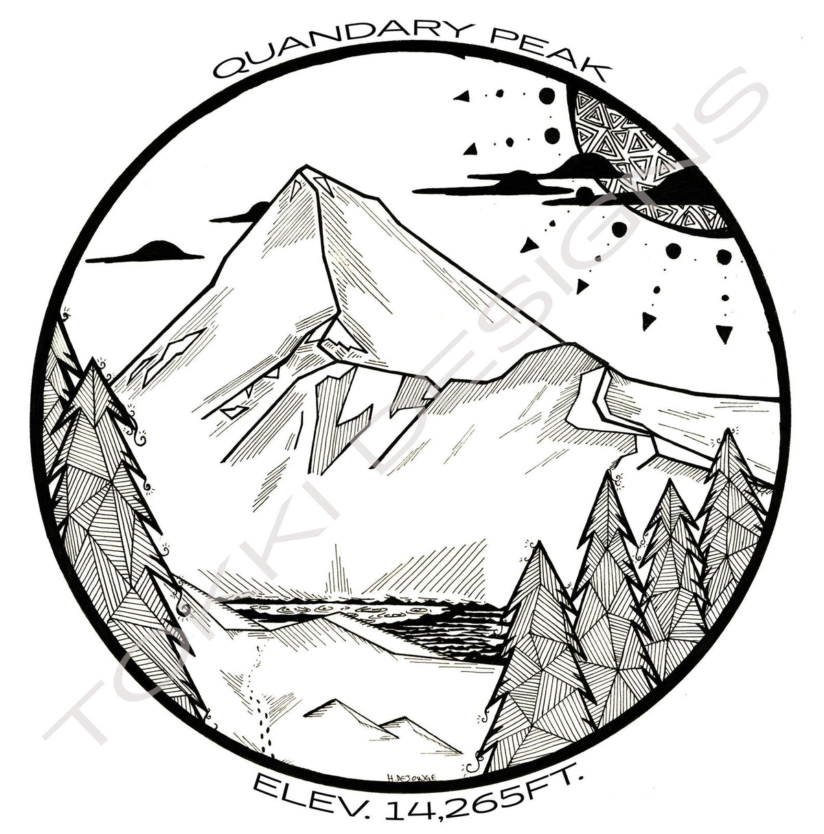 Black and White Line Drawing Print of Quandary Peak
