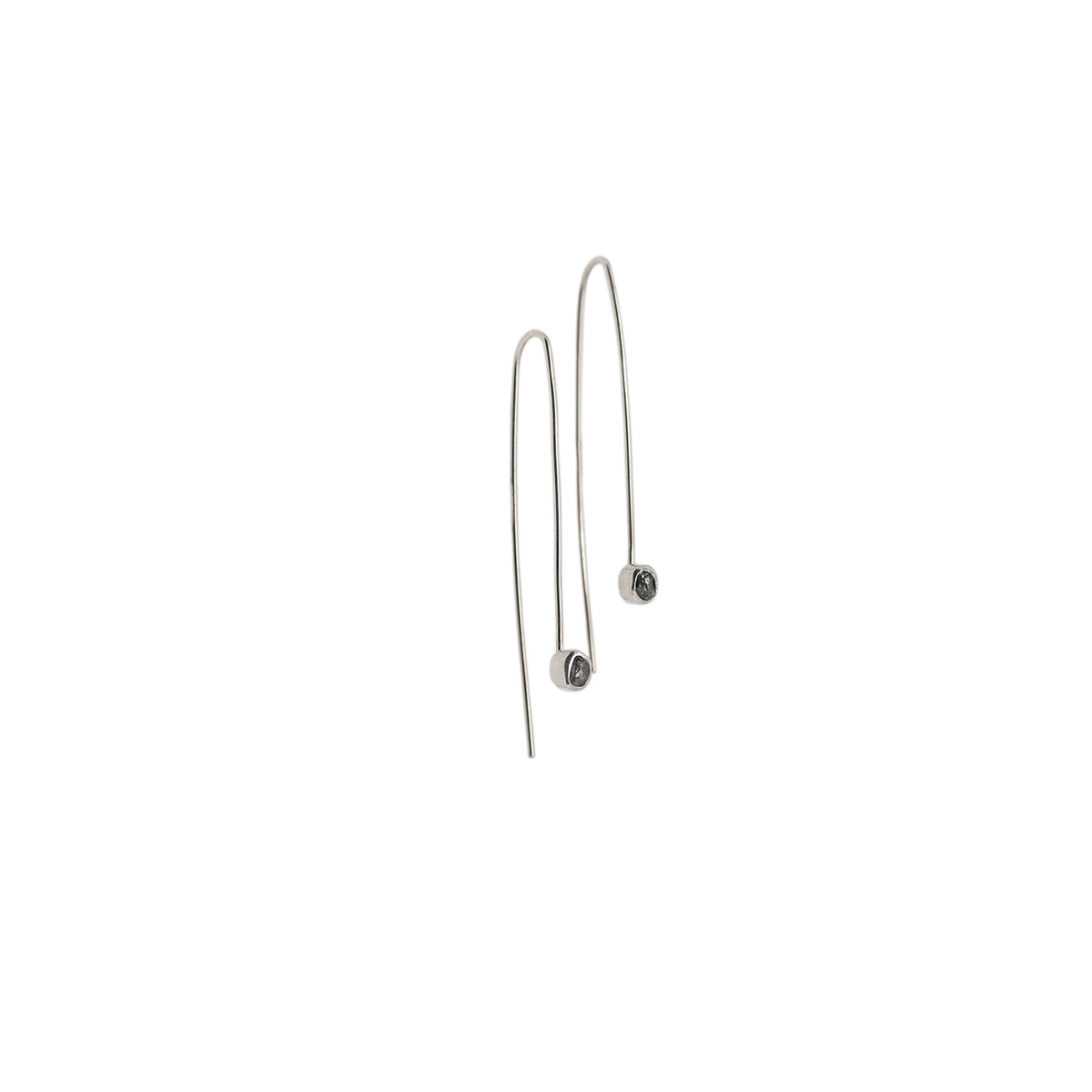 White Background Shot of Rock Pebble Metal Curved Dangle Earrings Fine Silver  Bezel around Rough Diamond Shard on Sterling Silver Ear Wires