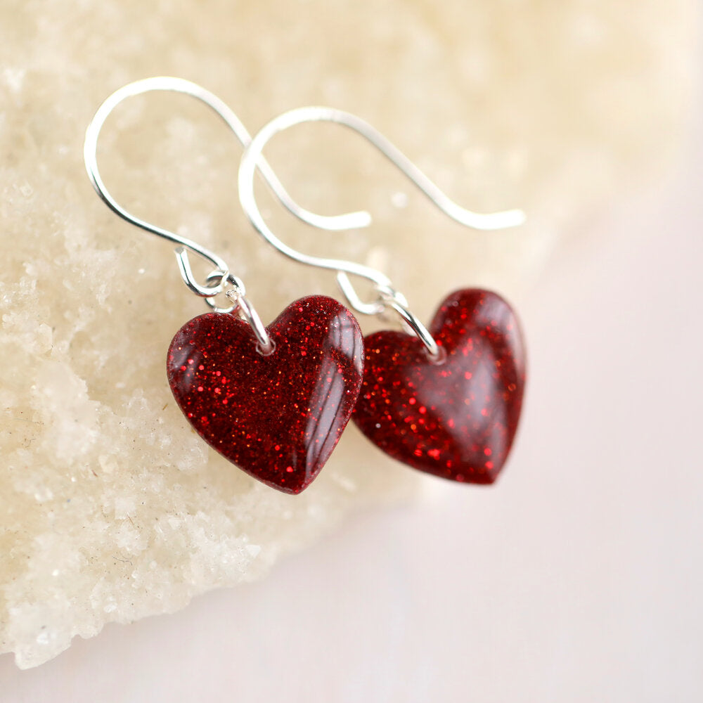Red Glitter Heart Teardrop Earrings