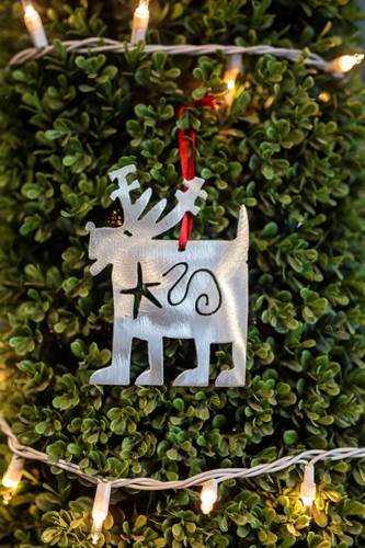 Metal Dog Ornament with reindeer antlers