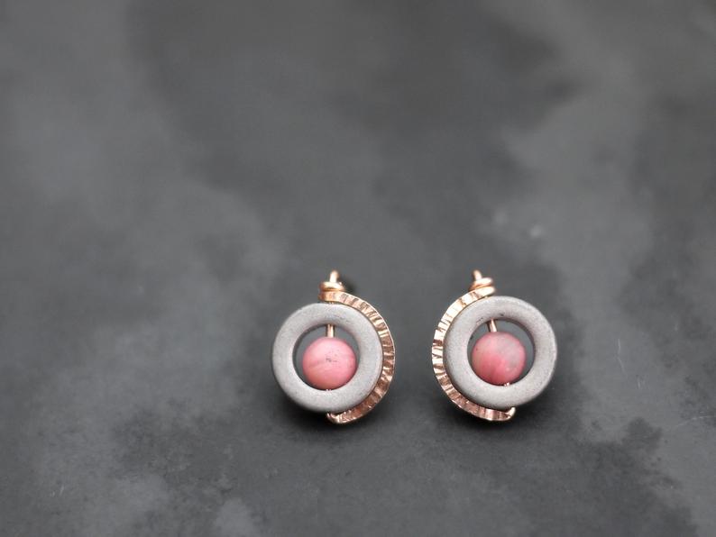 Post Earrings with a Rose Gold Encircling a Hematite Donut with a Rhodonite Center Bead