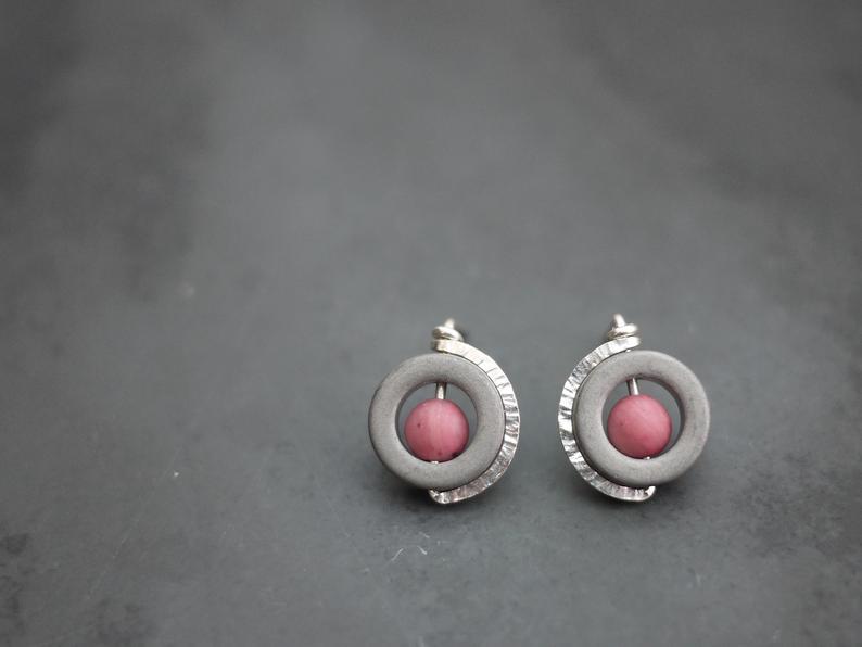 Post Earrings with a Rose Sterling Silver Encircling a Hematite Donut with a Rhodonite Center Bead