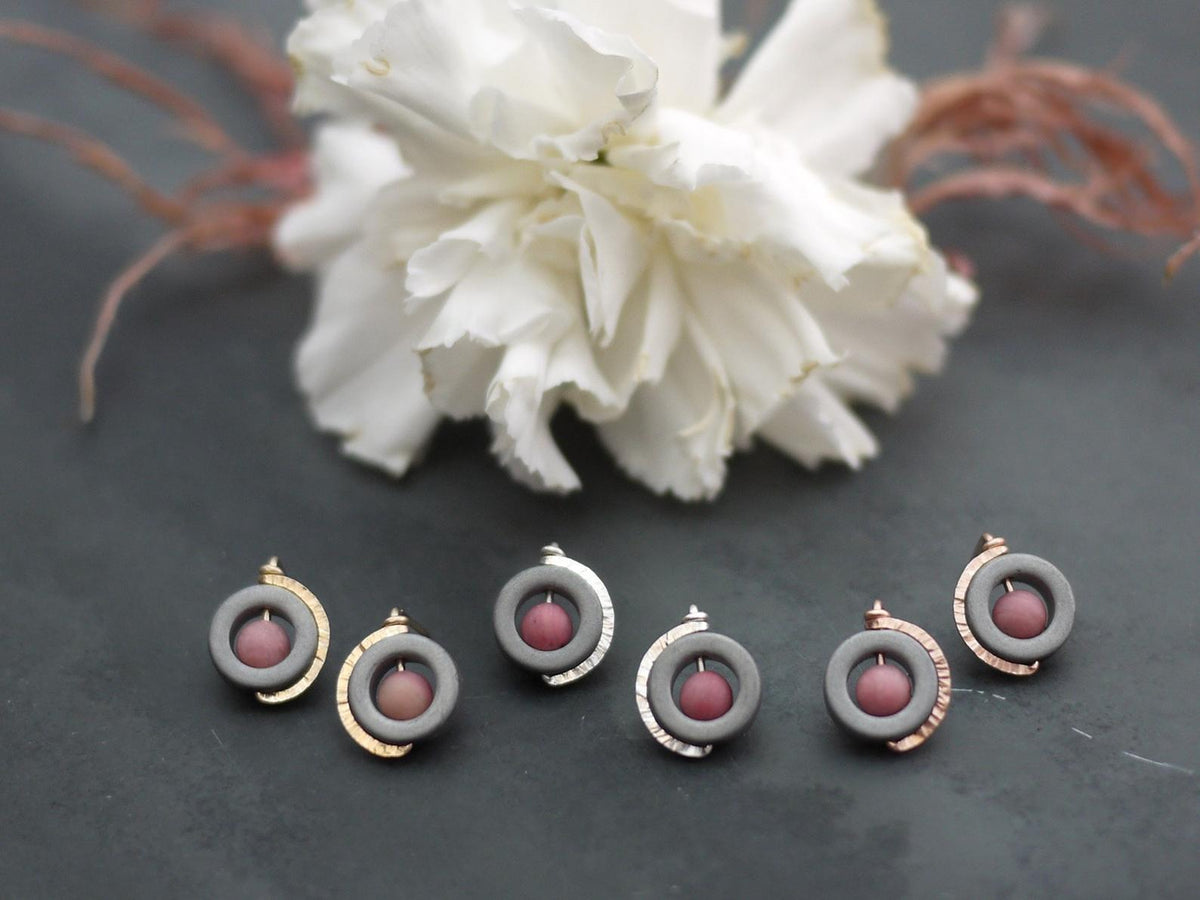 Rhodonite & Hematite Circle Stud Earrings in 3 varying metal options