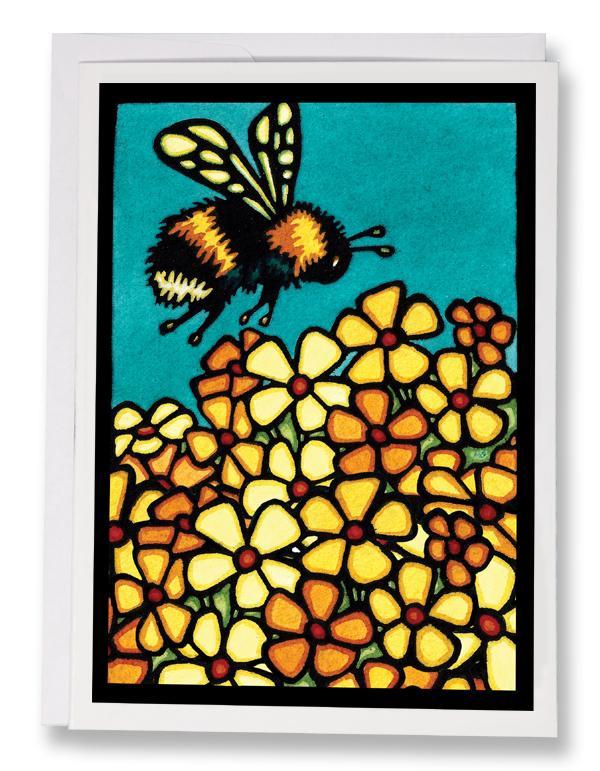 Pop Art Bumble Bee and Yellow Flowers with Teal Background Greeting Card