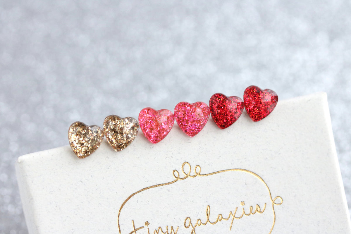 Gold Pink and Red Glitter Resin Heart Earrings
