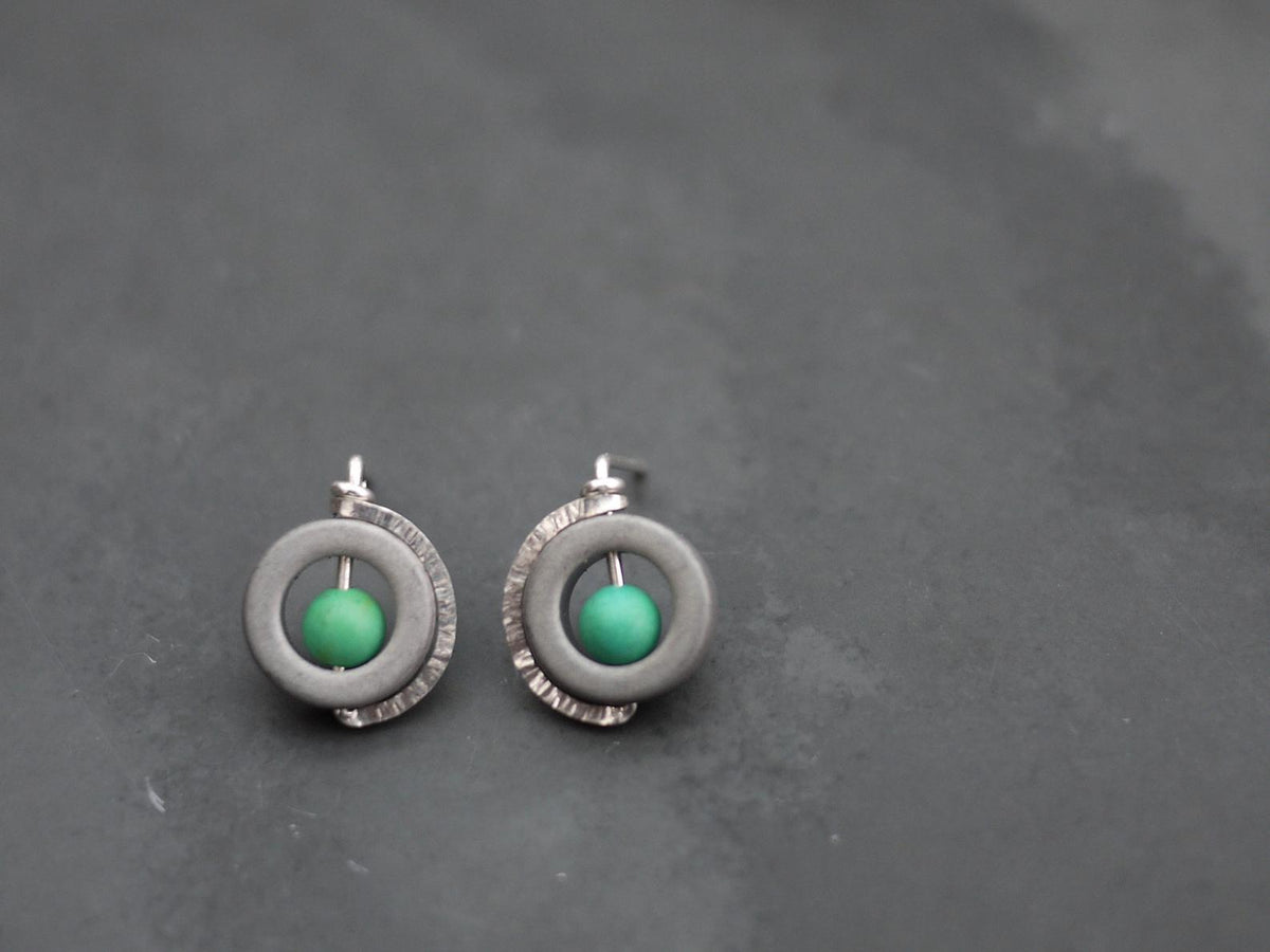 Post Earrings with Sterling SIlver Encircling a Hematite Donut with a Turquoise Center Bead
