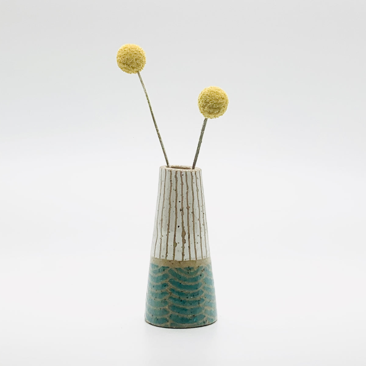 Tiny Vase in Brown Stoneware - White Stripes w/ Turquoise Wave