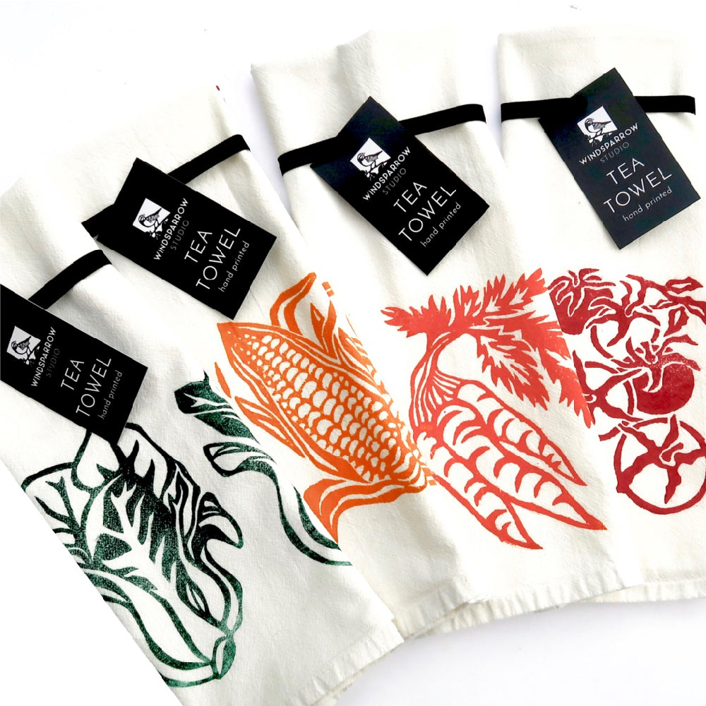 Handprinted Block Print Vegetable Tea Towels