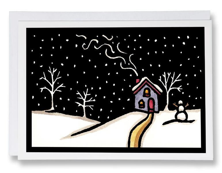 Set of 8 Holiday Cards with Black Starry Sky, Small house and snowman