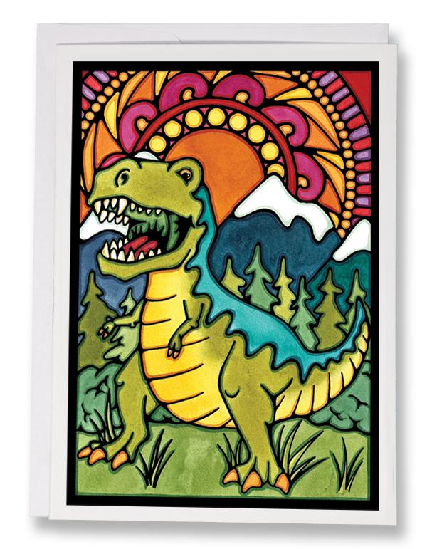 Colorful Greeting Card with a T-Rex in front of Mountains 