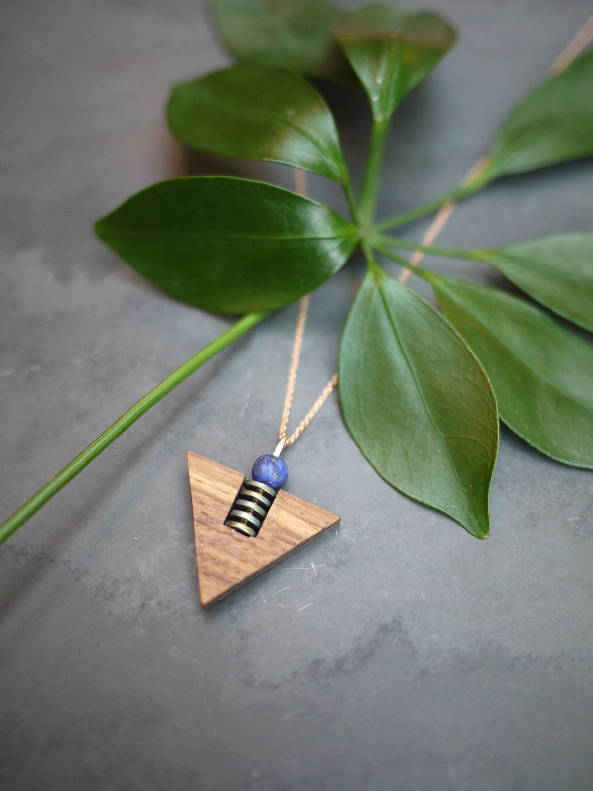 Wood Triangle + Lapis Lazuli & Rose Gold Necklace