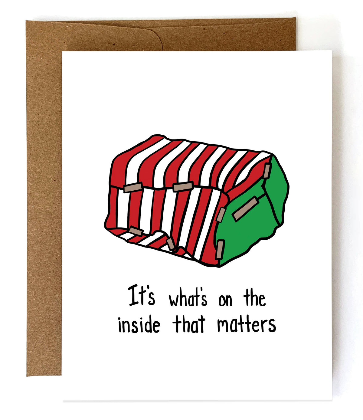 Funny Illustrated Christmas Card of Bad Wrapping Reads It's What's on the Inside that Matters