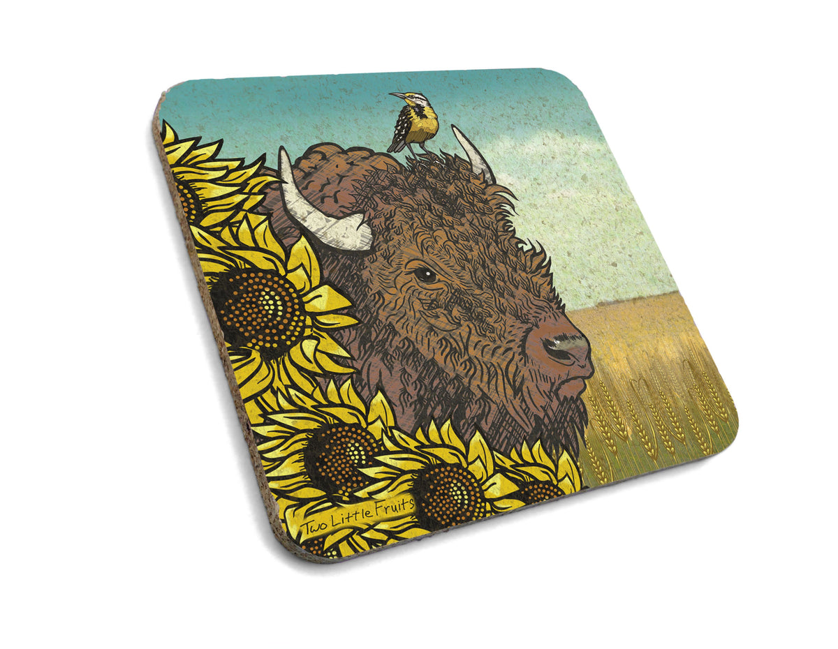 Sunflowers Bison and Birdie Cork Coasters